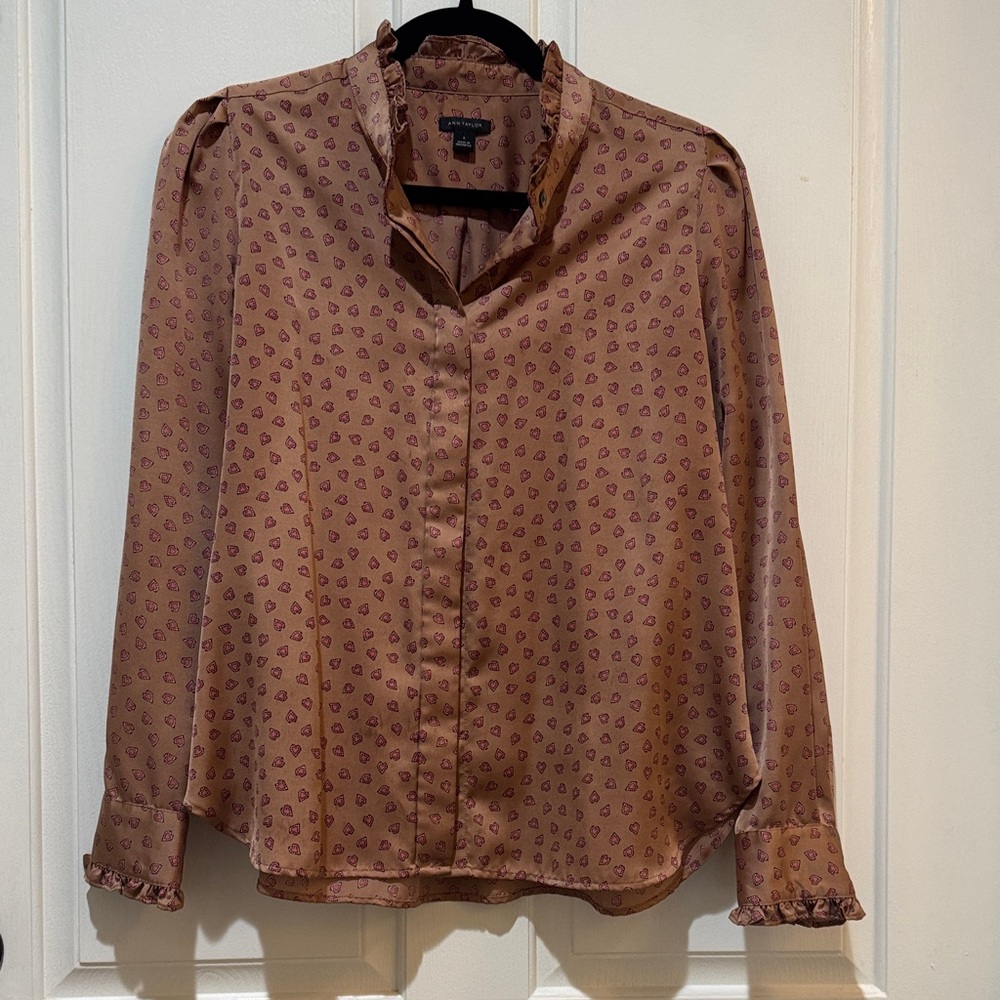 Ann Taylor Tan Blouse with Heart Design